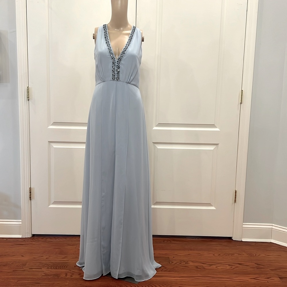 BCBG Pale Blue Beaded V-Neck Maxi Dress